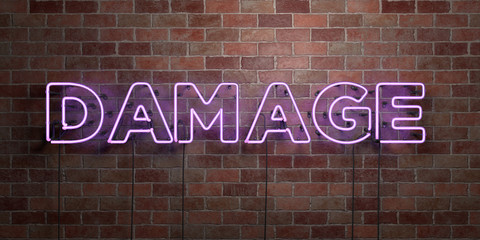 DAMAGE - fluorescent Neon tube Sign on brickwork - Front view - 3D rendered royalty free stock picture. Can be used for online banner ads and direct mailers..