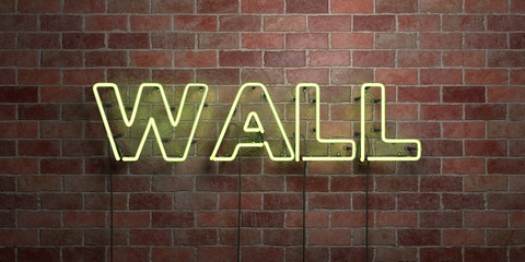 WALL - fluorescent Neon tube Sign on brickwork - Front view - 3D rendered royalty free stock picture. Can be used for online banner ads and direct mailers..