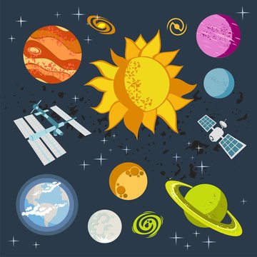 Outer Space vector objects, spaceships, planets, stars, rocket, sun, satellite