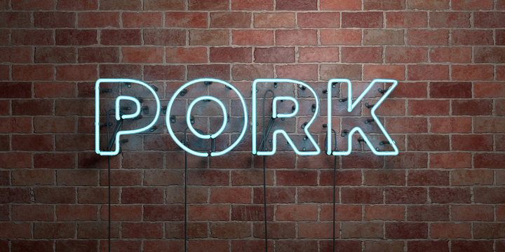 PORK - fluorescent Neon tube Sign on brickwork - Front view - 3D rendered royalty free stock picture. Can be used for online banner ads and direct mailers..
