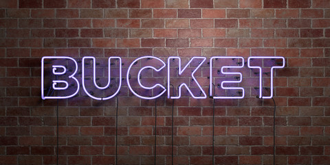 BUCKET - fluorescent Neon tube Sign on brickwork - Front view - 3D rendered royalty free stock picture. Can be used for online banner ads and direct mailers..