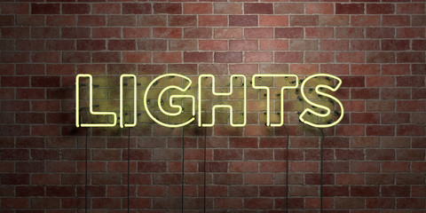 Fototapeta na wymiar LIGHTS - fluorescent Neon tube Sign on brickwork - Front view - 3D rendered royalty free stock picture. Can be used for online banner ads and direct mailers..