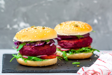 Veggie beet and lentil burgers with vegetables. Love for a healthy vegan food concept