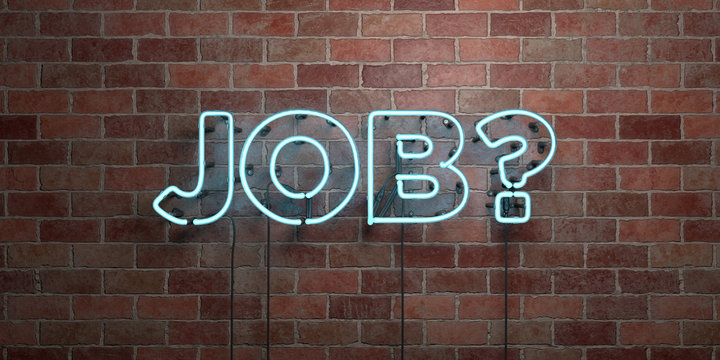 JOB? - fluorescent Neon tube Sign on brickwork - Front view - 3D rendered royalty free stock picture. Can be used for online banner ads and direct mailers..