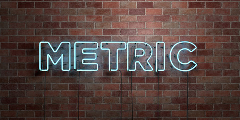 METRIC - fluorescent Neon tube Sign on brickwork - Front view - 3D rendered royalty free stock picture. Can be used for online banner ads and direct mailers..