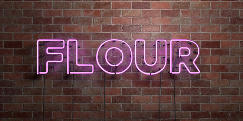 FLOUR - fluorescent Neon tube Sign on brickwork - Front view - 3D rendered royalty free stock picture. Can be used for online banner ads and direct mailers..