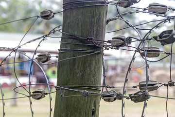 Tangled Barbed Wire Connections on Vintage Wooden Post