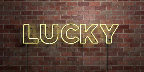 LUCKY - fluorescent Neon tube Sign on brickwork - Front view - 3D rendered royalty free stock picture. Can be used for online banner ads and direct mailers..
