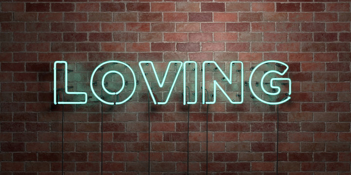 LOVING - fluorescent Neon tube Sign on brickwork - Front view - 3D rendered royalty free stock picture. Can be used for online banner ads and direct mailers..