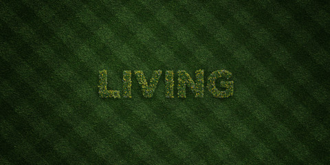LIVING - fresh Grass letters with flowers and dandelions - 3D rendered royalty free stock image. Can be used for online banner ads and direct mailers..