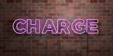 CHARGE - fluorescent Neon tube Sign on brickwork - Front view - 3D rendered royalty free stock picture. Can be used for online banner ads and direct mailers..