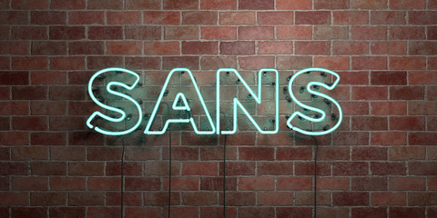 SANS - fluorescent Neon tube Sign on brickwork - Front view - 3D rendered royalty free stock picture. Can be used for online banner ads and direct mailers..