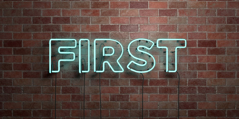 Fototapeta na wymiar FIRST - fluorescent Neon tube Sign on brickwork - Front view - 3D rendered royalty free stock picture. Can be used for online banner ads and direct mailers..