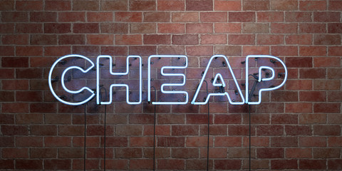 CHEAP - fluorescent Neon tube Sign on brickwork - Front view - 3D rendered royalty free stock picture. Can be used for online banner ads and direct mailers..