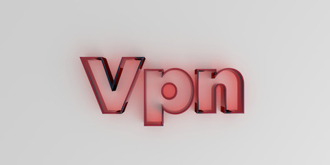 Vpn - Red glass text on white background - 3D rendered royalty free stock image.