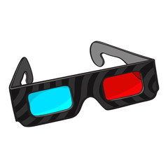 Typical blue and red stereoscopic, 3d glasses in black plastic frame, sketch style vector illustration isolated on white background. Hand drawn 3d stereoscopic glasses, cinema object