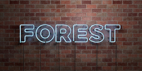 FOREST - fluorescent Neon tube Sign on brickwork - Front view - 3D rendered royalty free stock picture. Can be used for online banner ads and direct mailers..