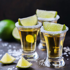 Golden mexican tequila shot with green lime and salt