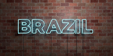 BRAZIL - fluorescent Neon tube Sign on brickwork - Front view - 3D rendered royalty free stock picture. Can be used for online banner ads and direct mailers..