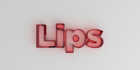 Lips - Red glass text on white background - 3D rendered royalty free stock image.