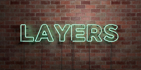 LAYERS - fluorescent Neon tube Sign on brickwork - Front view - 3D rendered royalty free stock picture. Can be used for online banner ads and direct mailers..