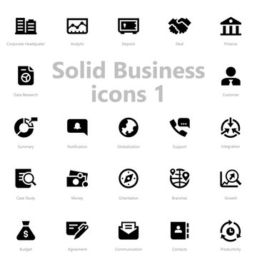 Set of black solid business icons isolated on light background.