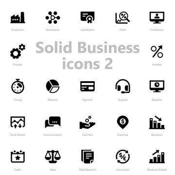 Set of black solid business icons isolated on light background.