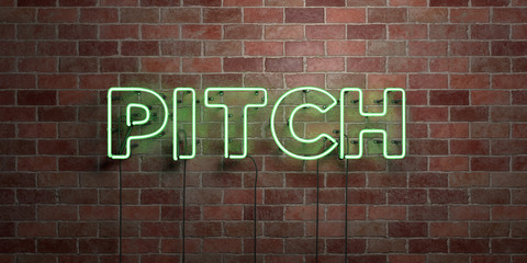 PITCH - fluorescent Neon tube Sign on brickwork - Front view - 3D rendered royalty free stock picture. Can be used for online banner ads and direct mailers..