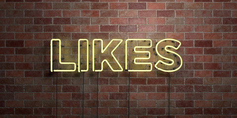 LIKES - fluorescent Neon tube Sign on brickwork - Front view - 3D rendered royalty free stock picture. Can be used for online banner ads and direct mailers..