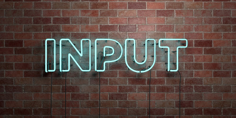 INPUT - fluorescent Neon tube Sign on brickwork - Front view - 3D rendered royalty free stock picture. Can be used for online banner ads and direct mailers..