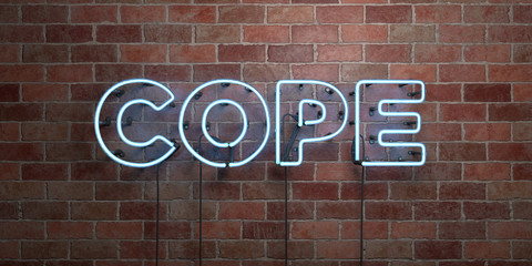 Fototapeta na wymiar COPE - fluorescent Neon tube Sign on brickwork - Front view - 3D rendered royalty free stock picture. Can be used for online banner ads and direct mailers..