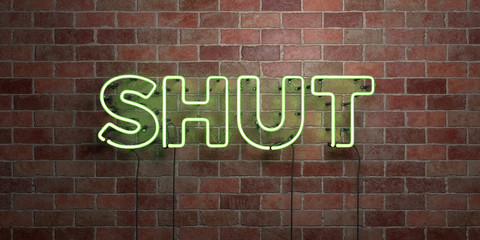 SHUT - fluorescent Neon tube Sign on brickwork - Front view - 3D rendered royalty free stock picture. Can be used for online banner ads and direct mailers..