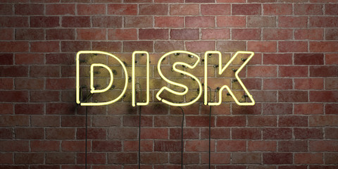 DISK - fluorescent Neon tube Sign on brickwork - Front view - 3D rendered royalty free stock picture. Can be used for online banner ads and direct mailers..