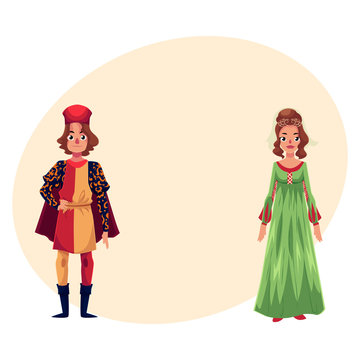 Italian Man and woman in Renaissance time costumes, clothing, cartoon vector illustration with place for text. Medieval, Renaissance Italian couple in traditional historical dresses