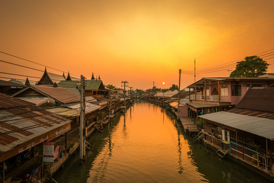 Travel Amphawa Floating market village at sunset , Samut Songkhram, Thailand