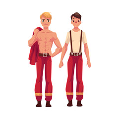Two handsome firefighters, firemen at rest, with naked torso and in t-shirt, cartoon vector illustration isolated on white background. Full length portrait of two firefighters, firemen at rest