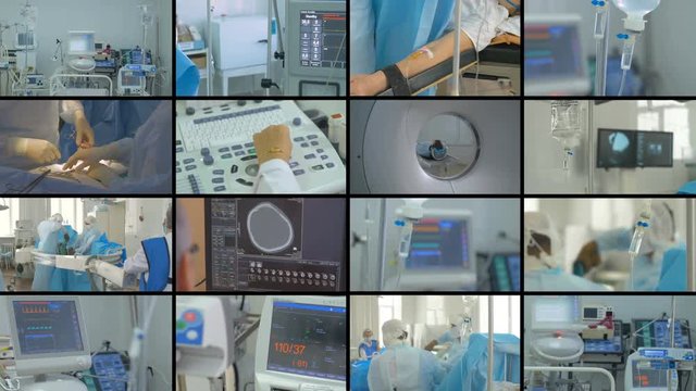 Modern medical equipment split screen videowall. Modern medicine concept. 4K.