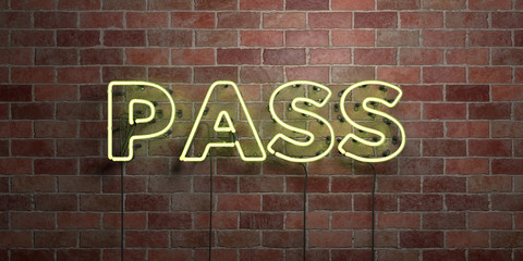 PASS - fluorescent Neon tube Sign on brickwork - Front view - 3D rendered royalty free stock picture. Can be used for online banner ads and direct mailers..
