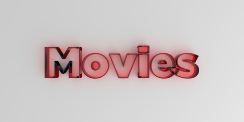 Movies - Red glass text on white background - 3D rendered royalty free stock image.