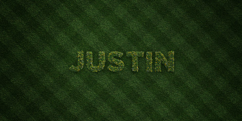 JUSTIN - fresh Grass letters with flowers and dandelions - 3D rendered royalty free stock image. Can be used for online banner ads and direct mailers..