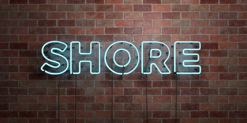 Obraz premium SHORE - fluorescent Neon tube Sign on brickwork - Front view - 3D rendered royalty free stock picture. Can be used for online banner ads and direct mailers..