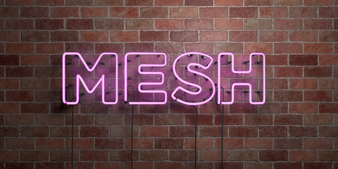 MESH - fluorescent Neon tube Sign on brickwork - Front view - 3D rendered royalty free stock picture. Can be used for online banner ads and direct mailers..