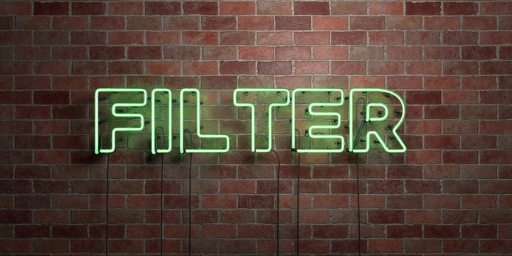 FILTER - fluorescent Neon tube Sign on brickwork - Front view - 3D rendered royalty free stock picture. Can be used for online banner ads and direct mailers..