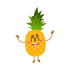 Funny pineapple character standing with raised hands and closed eyes, cartoon vector illustration isolated on white background. Funny pineapple character, mascot standing upright with raised hands