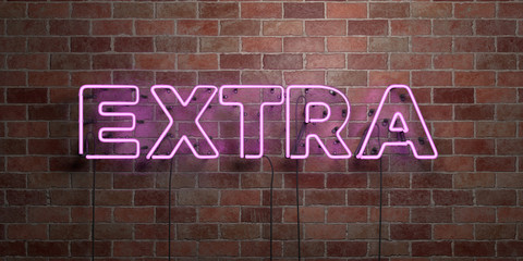 EXTRA - fluorescent Neon tube Sign on brickwork - Front view - 3D rendered royalty free stock picture. Can be used for online banner ads and direct mailers..