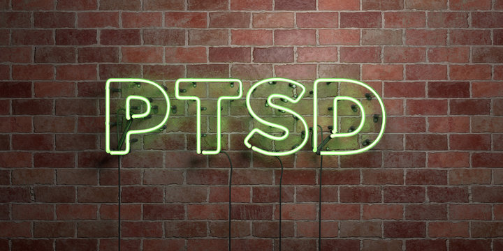 PTSD - fluorescent Neon tube Sign on brickwork - Front view - 3D rendered royalty free stock picture. Can be used for online banner ads and direct mailers..