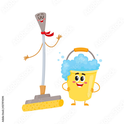 "Funny sponge mop and soap foam bucket characters with smiling human faces, cartoon vector