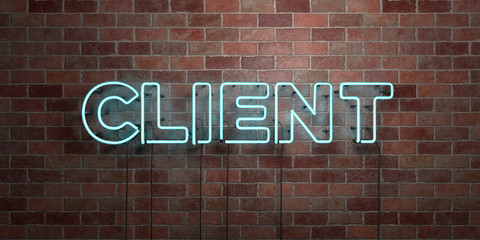 CLIENT - fluorescent Neon tube Sign on brickwork - Front view - 3D rendered royalty free stock picture. Can be used for online banner ads and direct mailers..