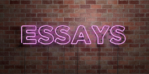 ESSAYS - fluorescent Neon tube Sign on brickwork - Front view - 3D rendered royalty free stock picture. Can be used for online banner ads and direct mailers..