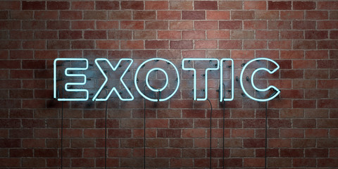 EXOTIC - fluorescent Neon tube Sign on brickwork - Front view - 3D rendered royalty free stock picture. Can be used for online banner ads and direct mailers..